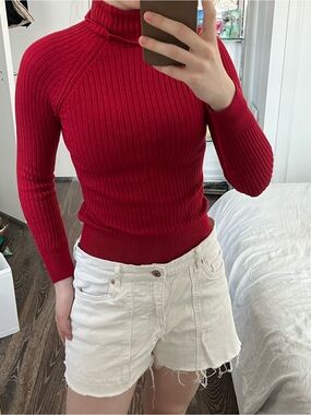Red Ribbed Knit Turtleneck Sweater Long Sleeve